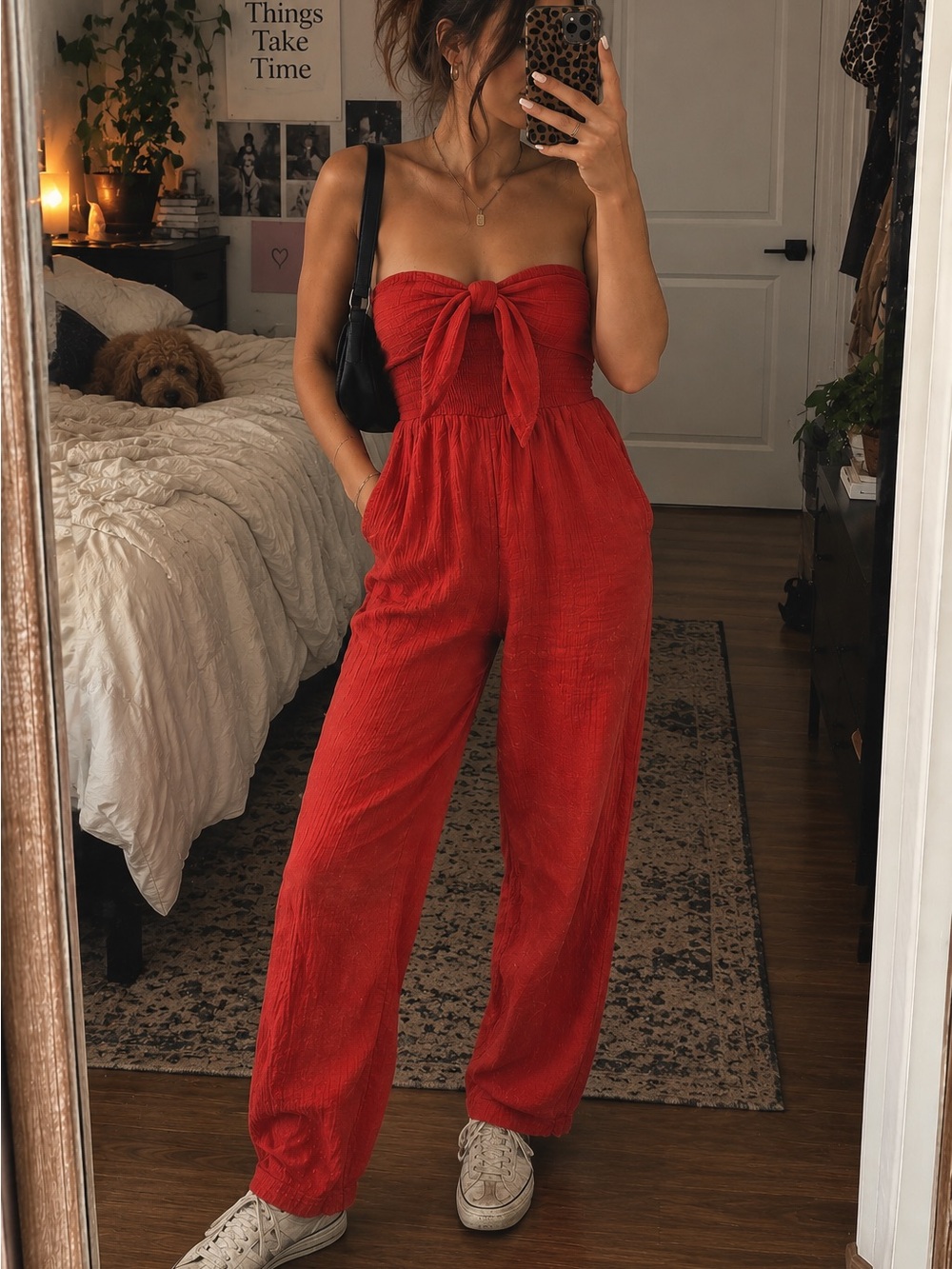 Saturday Sunday Anthropologie Tie-Front Strapless Wide-Leg Jumpsuit in Red